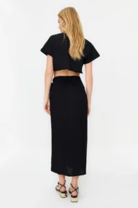 TRENDYOLMiLLA More Sustainable Black tied up Double breasted Maxi Size Weaving Skirt with Covering Viscose Fabric - Image 6
