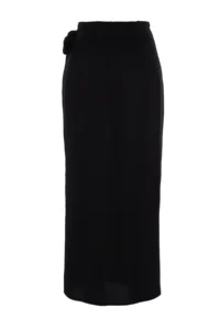 TRENDYOLMiLLA More Sustainable Black tied up Double breasted Maxi Size Weaving Skirt with Covering Viscose Fabric - Image 8