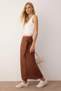 TRENDYOLMiLLA More Sustainable Brown tied up Double breasted Kapama Maxi Size Weaving Skirt - Image 2