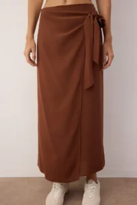TRENDYOLMiLLA More Sustainable Brown tied up Double breasted Kapama Maxi Size Weaving Skirt - Image 3