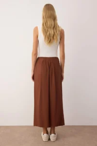 TRENDYOLMiLLA More Sustainable Brown tied up Double breasted Kapama Maxi Size Weaving Skirt - Image 4