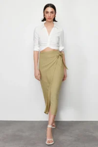 TRENDYOLMiLLA More Sustainable Oil Green tied up Double breasted Viscose Fabric Maxi Size Weaving Skirt - Image 2