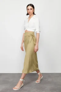 TRENDYOLMiLLA More Sustainable Oil Green tied up Double breasted Viscose Fabric Maxi Size Weaving Skirt - Image 3