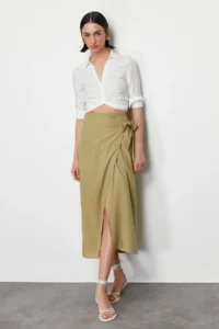 TRENDYOLMiLLA More Sustainable Oil Green tied up Double breasted Viscose Fabric Maxi Size Weaving Skirt - Image 4