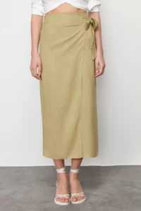 TRENDYOLMiLLA More Sustainable Oil Green tied up Double breasted Viscose Fabric Maxi Size Weaving Skirt - Image 5