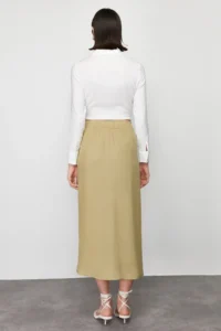 TRENDYOLMiLLA More Sustainable Oil Green tied up Double breasted Viscose Fabric Maxi Size Weaving Skirt - Image 7