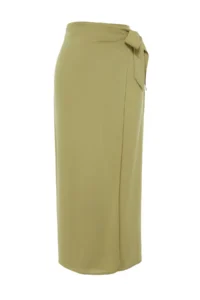 TRENDYOLMiLLA More Sustainable Oil Green tied up Double breasted Viscose Fabric Maxi Size Weaving Skirt - Image 8