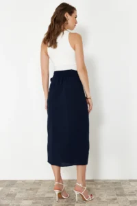 TRENDYOLMiLLA More Sustainable Navy Blue tied up Double breasted Kapama Viscose Maxi Size Weaving Skirt - Image 10
