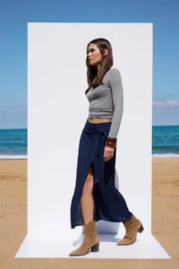 TRENDYOLMiLLA More Sustainable Navy Blue tied up Double breasted Kapama Viscose Maxi Size Weaving Skirt - Image 2