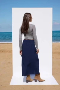 TRENDYOLMiLLA More Sustainable Navy Blue tied up Double breasted Kapama Viscose Maxi Size Weaving Skirt - Image 4