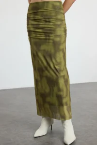 TRENDYOLMİLLA Green Drapeli Abstract Patterned Maxi Tulle Flexible Knitting Skirt - Image 3