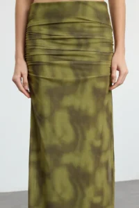 TRENDYOLMİLLA Green Drapeli Abstract Patterned Maxi Tulle Flexible Knitting Skirt - Image 4