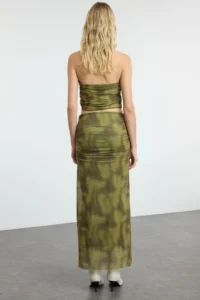 TRENDYOLMİLLA Green Drapeli Abstract Patterned Maxi Tulle Flexible Knitting Skirt - Image 5
