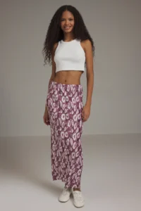 TRENDYOLMİLLA Dusty Rose Floral Printed Normal Elastic Waist Pilise Maxi Knitting Skirt