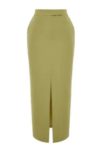 TRENDYOLMiLLA Khaki Premium Straight Front Slit Midi Size Weaving Skirt - Image 10