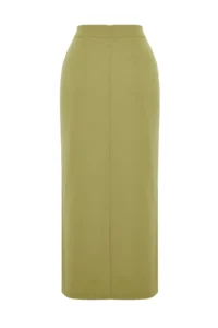 TRENDYOLMiLLA Khaki Premium Straight Front Slit Midi Size Weaving Skirt - Image 11