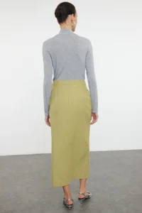 TRENDYOLMiLLA Khaki Premium Straight Front Slit Midi Size Weaving Skirt - Image 3