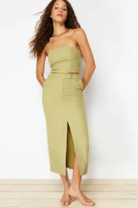 TRENDYOLMiLLA Khaki Premium Straight Front Slit Midi Size Weaving Skirt - Image 5