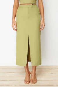 TRENDYOLMiLLA Khaki Premium Straight Front Slit Midi Size Weaving Skirt - Image 7