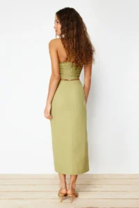 TRENDYOLMiLLA Khaki Premium Straight Front Slit Midi Size Weaving Skirt - Image 9