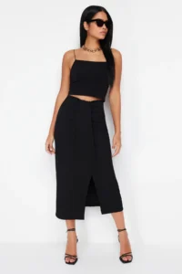 TRENDYOLMİLLA Black Twist wrap Fitted Flexible Knitting Midi Skirt - Image 2