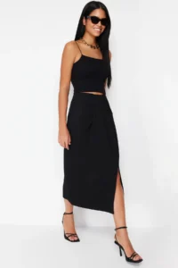 TRENDYOLMİLLA Black Twist wrap Fitted Flexible Knitting Midi Skirt - Image 3