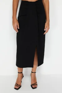 TRENDYOLMİLLA Black Twist wrap Fitted Flexible Knitting Midi Skirt - Image 5