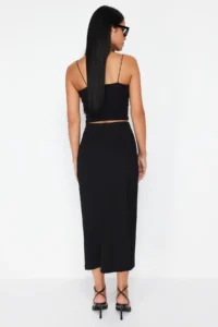 TRENDYOLMİLLA Black Twist wrap Fitted Flexible Knitting Midi Skirt - Image 6