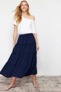 TRENDYOLMiLLA Navy Blue Flared Maxi Size Weaving Skirt with Gather Detail at Waist