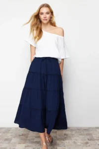TRENDYOLMiLLA Navy Blue Flared Maxi Size Weaving Skirt with Gather Detail at Waist - Image 2