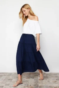 TRENDYOLMiLLA Navy Blue Flared Maxi Size Weaving Skirt with Gather Detail at Waist - Image 3