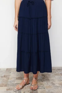 TRENDYOLMiLLA Navy Blue Flared Maxi Size Weaving Skirt with Gather Detail at Waist - Image 4