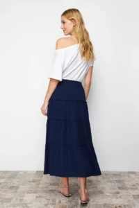 TRENDYOLMiLLA Navy Blue Flared Maxi Size Weaving Skirt with Gather Detail at Waist - Image 6