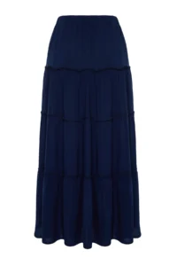 TRENDYOLMiLLA Navy Blue Flared Maxi Size Weaving Skirt with Gather Detail at Waist - Image 7