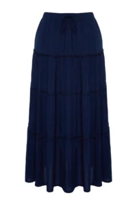 TRENDYOLMiLLA Navy Blue Flared Maxi Size Weaving Skirt with Gather Detail at Waist - Image 8