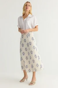 TRENDYOLMiLLA Mavi flower patterned A-line Midi Size Weaving linen blended  Skirt