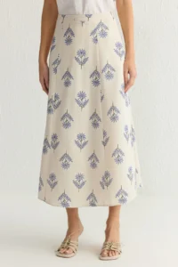 TRENDYOLMiLLA Mavi flower patterned A-line Midi Size Weaving linen blended  Skirt - Image 4