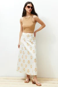 TRENDYOLMiLLA Ecru flower patterned A-line Midi Size Weaving linen blended Skirt