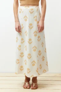 TRENDYOLMiLLA Ecru flower patterned A-line Midi Size Weaving linen blended Skirt - Image 5