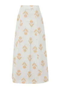 TRENDYOLMiLLA Ecru flower patterned A-line Midi Size Weaving linen blended Skirt - Image 7