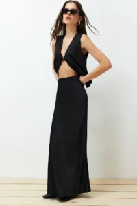 TRENDYOLMiLLA Black Satin Fish Shape Maxi Size Weaving Skirt - Image 2