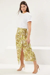 TRENDYOLMiLLA Khaki Front Binding Detailed Double breasted Covering Satin Midi Weaving Skirt