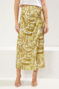 TRENDYOLMiLLA Khaki Front Binding Detailed Double breasted Covering Satin Midi Weaving Skirt - Image 3