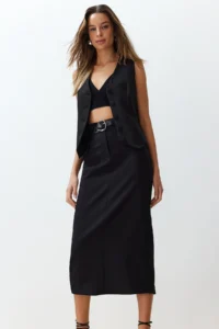 TRENDYOLMiLLA Black Waist Detailed Pen Plain Cut slit Weaving Maxi/LONG Skirt - Image 3