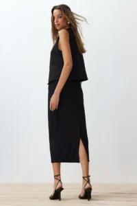 TRENDYOLMiLLA Black Waist Detailed Pen Plain Cut slit Weaving Maxi/LONG Skirt - Image 4