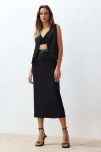 TRENDYOLMiLLA Black Waist Detailed Pen Plain Cut slit Weaving Maxi/LONG Skirt - Image 5