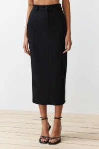 TRENDYOLMiLLA Black Waist Detailed Pen Plain Cut slit Weaving Maxi/LONG Skirt - Image 7