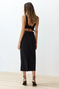 TRENDYOLMiLLA Black Waist Detailed Pen Plain Cut slit Weaving Maxi/LONG Skirt - Image 8
