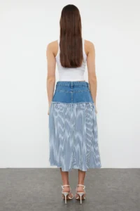 TRENDYOLMiLLA Multicolored Striped Color Blocked High Waist Midi Denim Skirt - Image 10