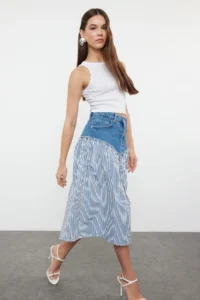 TRENDYOLMiLLA Multicolored Striped Color Blocked High Waist Midi Denim Skirt - Image 2